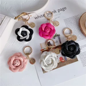 Leather Rose Camellia Flowers Keychain for Women Trinkets Rose Queen Portrait Key Chains Bag Charms Pendant Accessories