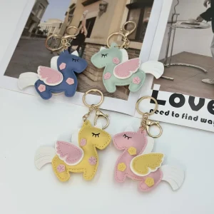 Leather Unicorn Keychain Creative Mini Pegasus Keyring Bag Charms Pendant Woman Fashion Cartoon Horse Key Chain Leather Key Ring