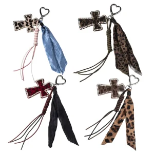 Leopard Cross Bag Charm Rhinestone Tassel Keychain Heart Clip Pendant Women’s Fashion Accessory