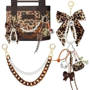 Leopard Print Bag Charm Set Leopard Bow Pearl Keychain Acrylic Shell Chain Trendy Tote Bag Accessories with Heart Clasp