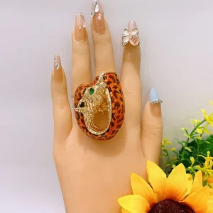 Leopard Print Enamel Snake Ring Gold Plated Green Eye Vintage Animal Statement Jewelry Women Fashion Party Finger Ring