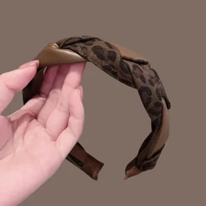 Leopard Print PU Leather Twist Headband for Women Wide Padded Hairband Korean Style Y2K Fashion Hair Accessories