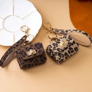 Leopard Print PU Leather Women Mini Coin Purse with Zinc Alloy Clasp Keychain Bag Pendant Charm