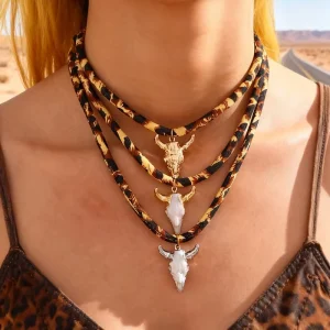 Leopard Print Rope Necklace with Gold Alloy Bull Head Pendant Boho Choker for Women