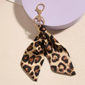 Leopard Print Satin Bow Keychain Bag Charm Scarf Ribbon Key Ring Women Handbag Purse Car Backpack Accessories Charm