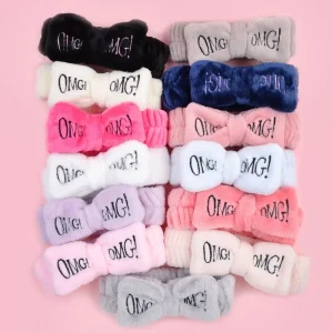 Letter Coral Fleece Wash Face Bow Hairbands for Women Girls Headbands Headwear Hair Bands Turban Spa Headband with Wristbands
