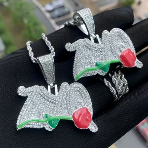 Letter Pendant Necklace with Rose Enamel Detail for Men Hip Hop Jewelry