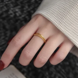 LiCai Women’s Fashion Rings Elegant Double Ring Design Niche Stainless Steel Light Luxury Minimalist Style Personalized Trendy