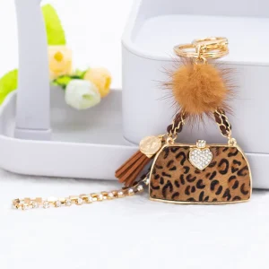 Light Luxury Alloy Keychain with Crystal Tassel and 3D Embossed Leopard Print Mini Handbag Diamond Bag Chain