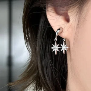 Light Luxury Elegant Zircon Ear Studs Unique Pretty Octagram Two Way Earrings Luxury Silver Post Earrings Fashion Jewelry