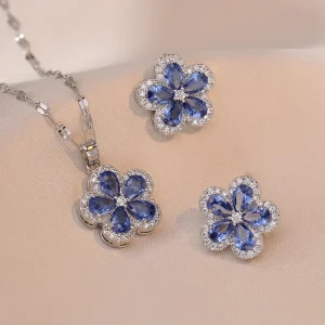 Light Luxury Fashion Jewelry Sets Flower Blue Crystal Necklace Earrings Stainless Steel Chain Necklace Sets for Women