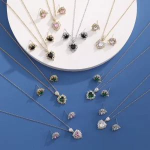 Light Luxury Fashion Jewelry Sets Pink Crystal Heart Necklace Earrings Sets for Women