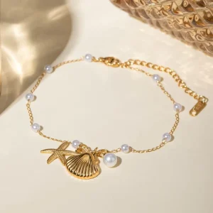 Light Luxury Fashion Stainless Steel Shell Pearl Anklet for Women Jewelry 18 K Gold Plated Anniversary Gift