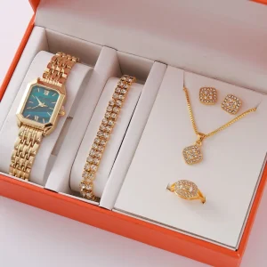 Light Luxury Necklace Ring Bracelet Earring Steel Belt Women’s Watch Five Piece Fashion Set Jewelry Gift