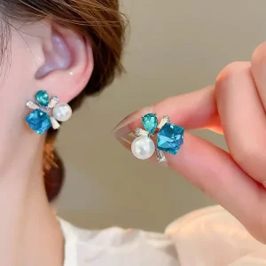 Light Luxury Super Flash Blue Red Diamond Ice Crystal Square Oval Cube Pearl Women Stud Earring