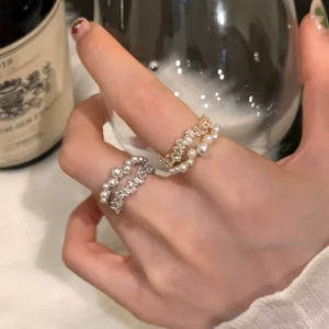 Light Luxury Vintage White Zircon Pearl Double Layer Opening Ring High End Exquisite Women’s Fashion Ring All Match Niche Made