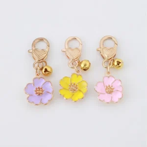 Light Pink Sweet Cherry Blossom Bell Enamel Heart Lobster Clasp Alloy Charm Bag Ornament Keychain for Women