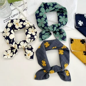 Linen Small Square Scarf Spring Muslim Floral Elegant Neck Guard Hair Tie Headscarf 56*56cm