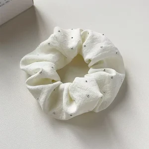 Linen-Texture Scrunchie with Silver Rhinestone Studs Elastic Hair Tie Elegant Minimalist Accessory for Daily