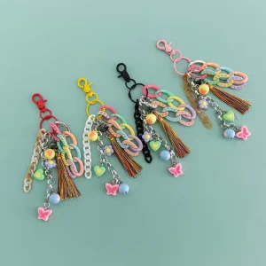 Linked Acrylic Keychains Fashion Heart Flower butterfly Key Chain Handbags Pendant Boho Tassels Key Ring Purse Charms