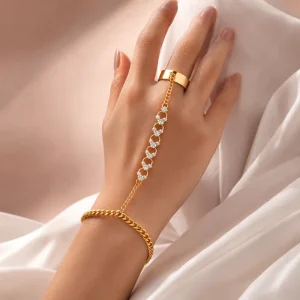 Linked Ring Hand Chain Gold Tone Pearl Crystal Inlay Cuban Wrist Bracelet Combo Women Fashion Jewelry Linked Ring Hand Chain