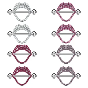 Lip Shaped Zircon Piercing Jewelry 316L Stainless Steel Bar Red Purple Crystal Nipple Ring
