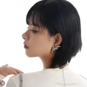 Liquid Metal Style Butterfly Earrings Asymmetrical Purple Zircon Earrings for Women Fashion Jewelry Sweet and Cool Style