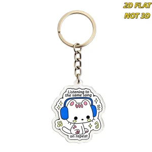 Listening to the Same Song on Repeat Keychain Cute Cat with Headphones Acrylic Key Ring for Keys, Bags & Backpacks