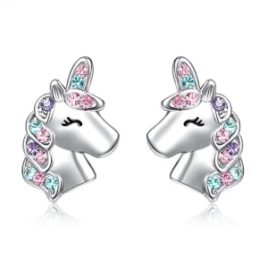 Little Girls 925 Sterling Silver Hypoallergenic CZ Colorful Cubic Zircon Unicorn Stud Earrings