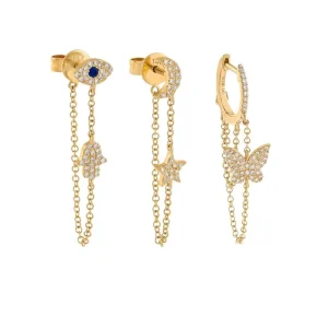 Long Chain butterfly Moon Star Eye Hand Drop Tassel Earrings for Women Gold Plated Chain Earrings
