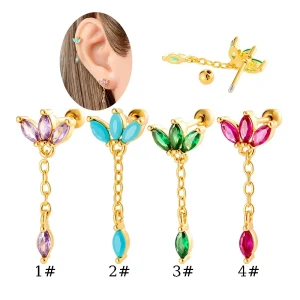 Long Dangle Earlobe Earrings Copper Material with Gold Pvd Coating Ear Studs Colorful Crystal Cartilage Piercing Jewelry