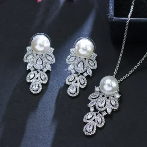 Long Feather CZ Crystal Silver Plated Simulated Pearl Dangle Earrings and Chain Necklace Jewelry Sets for Women