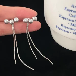 Long Fringe Silver Needle Geometric Ear Studs French Vintage Imitation Pearl Earrings Minimalist Fashion Versatile Party Rhodium