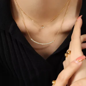 Long Full Pave Zircon Curved Bar Pendant Gold Plated Stainless Steel Double Layer Pendant Necklace With Cluster Zircon Charm
