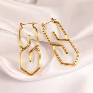 Long Geometric Trendy Charm Earrings 18K Gold Plated Stainless Steel Crown Shape Women’s Gift