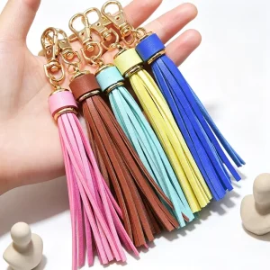 Long PU Leather Tassel Keychain Gold Lobster Clasp Key Ring Candy Color Handbag Backpack Charms Women Fashion Pendant Small Gift