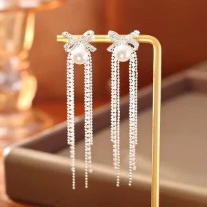 Long Tassel Stud Earrings Real Gold Plating Bow Design Elegant Romantic