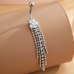 Long Tassel Studded Zircon Navel Nail Stainless Steel Body Jewelry European American Floral Design Navel Buckle