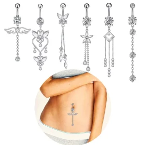 Long Tassel Zircon Navel Rings Wing Heart Cross Dangle Belly Piercing Ornaments Women Body Piercing Jewelry