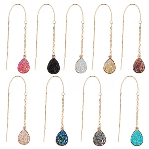 Long Teardrop Earrings Colorful Resin Druzy Charms Crystal Post Hypoallergenic Ear Line Earrings Chain for Women Jewelry Gifts