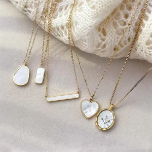 Long style letter shaped shell inspired heart oval zircon pendant necklace petite rectangular irregular design pendant