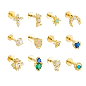 Lotus 925 Sterling Silver Threaded Moon Heart Cross Cartilage Tragus Earlobe Stud Piercing Jewelry