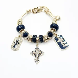 Love Cross Charm Bracelet, Black Vintage Rhinestone Strand, Elegant Alloy Jewelry for Women