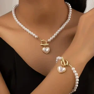Love Pearl Necklace Bracelet Set Elegant Romantic Jewelry N97212