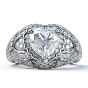 Love Shaped 2ct Moissanite Ring for Women 925 Sterling Silver Vintage Rhodium Plated Claw Setting