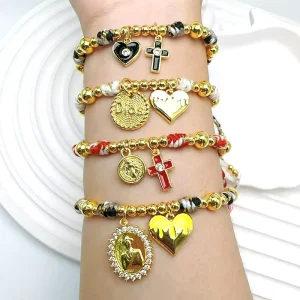 Lovely Enamel Heart Cross Charm Bracelet Gold Plated San Benito Dios Pendant Bracelet Fashion Beads Women Bracelet