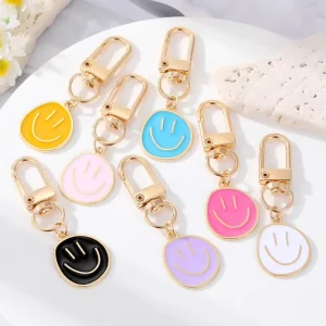 Lovely Key Bag Accessories Charms Keychains Yellow Pink Blue Black Cute Metal Enamel Happy Smiling Face Keychain for Women