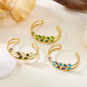 Loyalty Bright Vintage 18K Gold Plated Stainless Steel Fruit Pattern Open Bangle Cuff Bracelets for Women’s Party Fashion