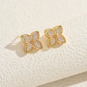 Lucky Clover Sparkling Crystal Earrings Alloy Four Leaf Flower Color Protected Jewelry in Stock Direct Shipping