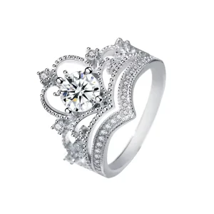 Lunxry Fashion 925 Sterling Silver Shiny Round Brilliant Cut Diamond Princess Crown Moissanite Ring for Women